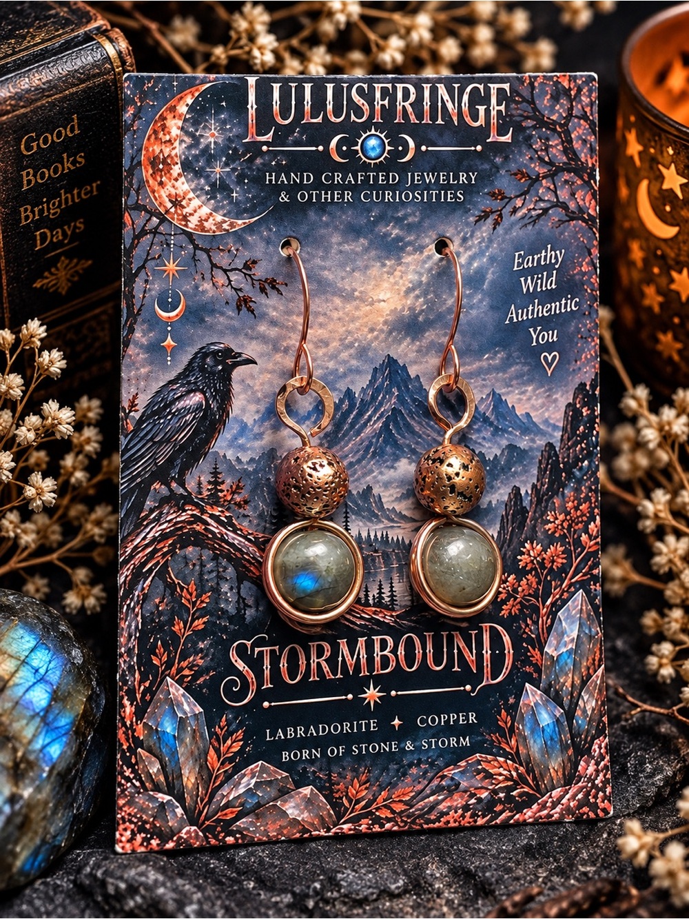 Artisan Copper Labradorite Orb Drop Earrings — Blue, Gold